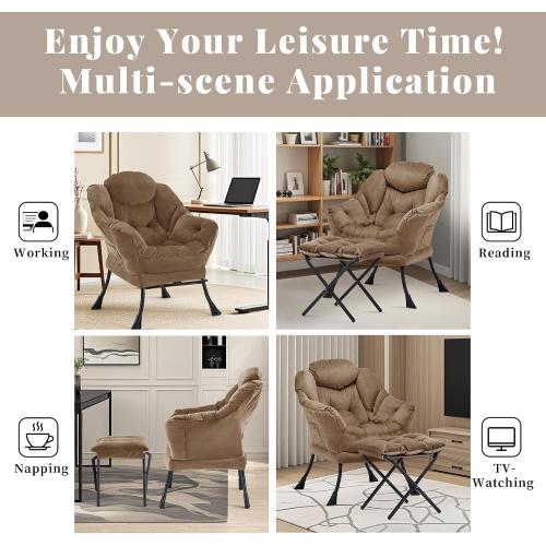 Lazy Chair with Ottoman, Comfy Reading Chair, Brown | Cushioned Seat with Foldable Ottoman and Side Pocket, Lounge Chair for Bedroom, Living Room, Dorm and Small Spaces