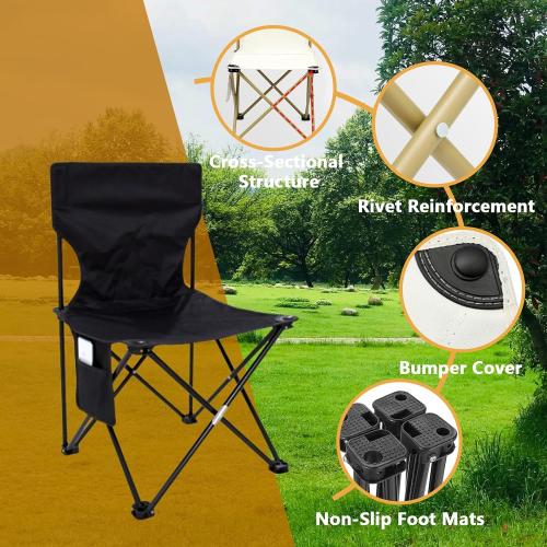 Outdoor Camping Chair, Collapsible Chair with Side Pocket and Carry Bag, Folding Chair for Camping, Beach, Picnic, Sunbathing Chairs with Storage Bag (Black)
