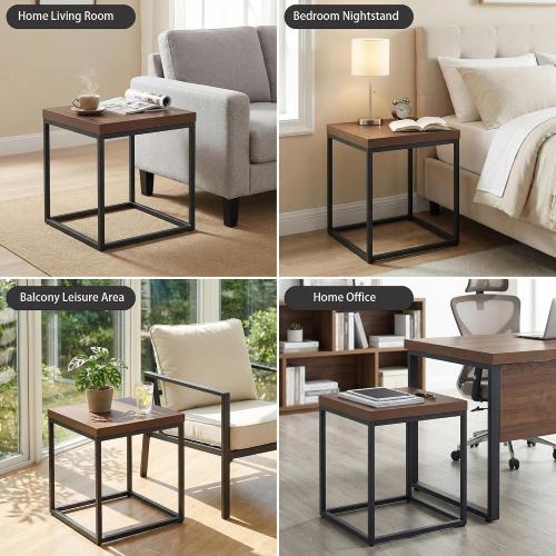 CENSI Modern Square End Table, 18 Walnut Side Table for Living Room, Extra Thick 1.6 Wood Top & Metal Frame, Sturdy Industrial Nightstand Accent Furniture(Dark Walnut)