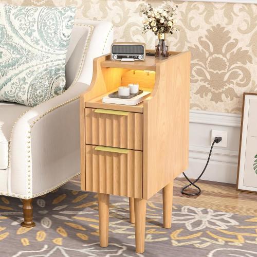 Fluted Narrow Nightstand with Charging Station, Solid Wood Night Stand with 2 Drawers, Natural Mid Century Modern Led Nightstand, Small Beside Table with Open Storage Shelf for Bedroom （10 inch）