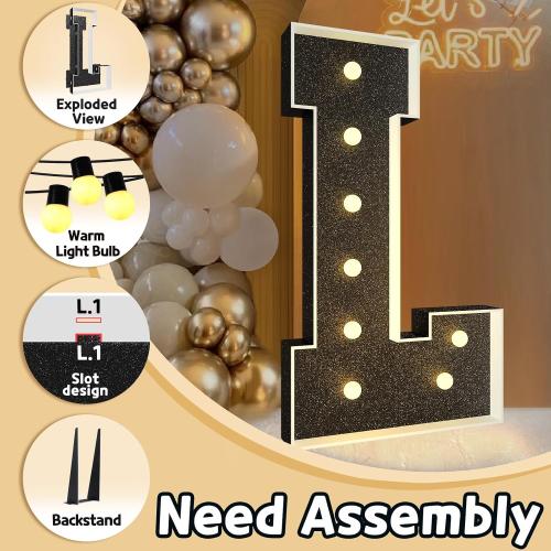 imprsv Marquee Letters Black 3FT: Black Party Decor - Light Up Letter L Large 3 Feet Tall - Party Decorations Letter for Love Birthday Wedding Proposal