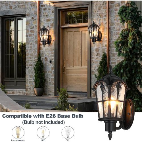 Sucolite Outdoor Wall Light Fixtures Wall Mounted, Exterior Waterproof Porch Lights Wall Lanterns, Outside Wall Sconces with Water Ripple Glass for House Front Door Garage, Retro Vintage Style, 2 Pack