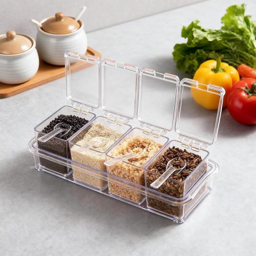 Clear Seasoning Box, 4 Pieces Seasoning Rack Spice Pots, Storage Container Condiment Jars Acrylic Seasoning Box with Covers and Spoons for Spice, Sugar, Salt, Sugar, Cardamon, Cinnamon