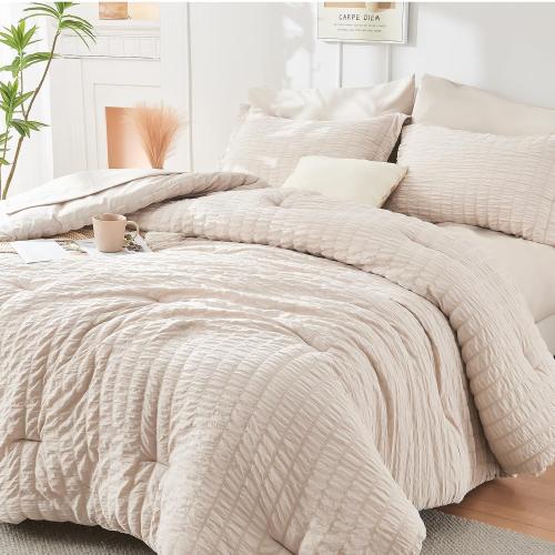 Beige HYMOKEGE Comforter Set Seersucker 7 Pieces, All Season Luxury Bed in a Bag for Bedroom, Bedding Set with Comforters, Sheets, Pillowcases & Shams
