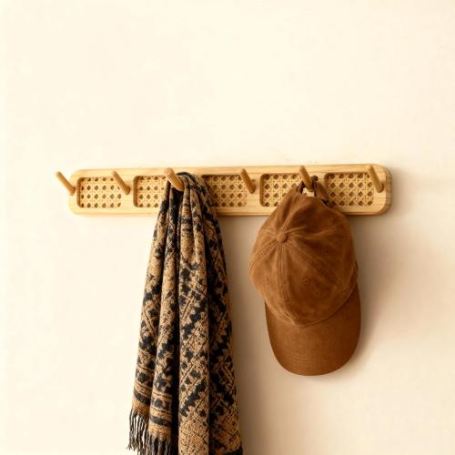 Coat Rack Wall Mount, Rattan Coat Hooks Hanger Wall Mounted, 6 Heavy Duty Bamboo Hooks Rack Rail for Hanging Clothes Hats Bags Robes Towels Plants, White (Natural)