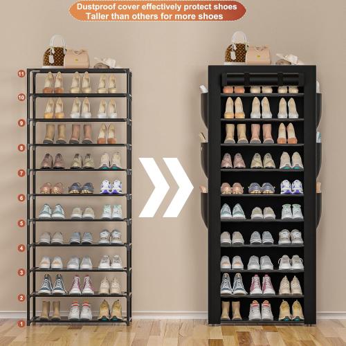 OYREL Large Shoe Rack, Black, 6 Side Pockets, 23.6 Wide x 11.4 Deep x 68.9 Tall, 36-41 Pairs of Shoes
