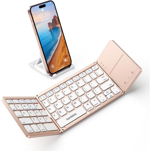 Samsers Foldable Bluetooth Keyboard with Touchpad - Portable Wireless Keyboard with Holder, Rechargeable Full Size Ultra Slim Pocket Folding Keyboards for Android Windows iOS Tablet & Laptop - Pink