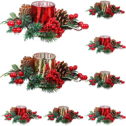 Ceenna Christmas Candle Rings Wreaths Pine Cones Garland Red Berry Poinsettia Pine Garland Candle Ring Holder for Christmas Wedding Home Table Centerpiece Party