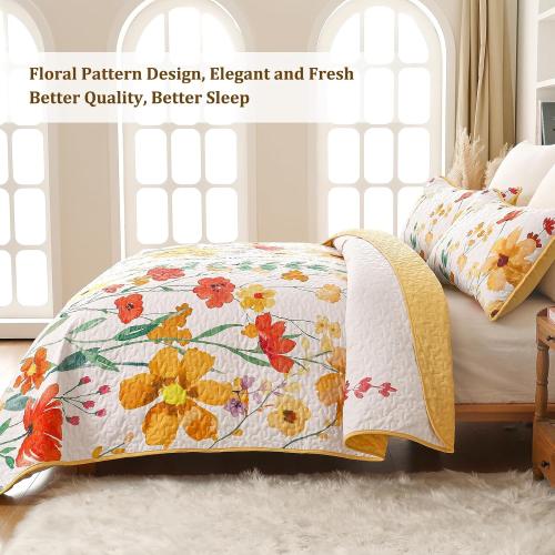 Anibedding Quilt Set Queen Size, Yellow Floral Reversible Bedspread Soft Microfiber Lightweight Queen Size Quilt Bedding Sets Reversible Coverlet for All Season(Queen, 96x90)