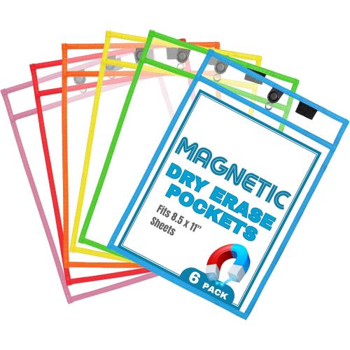Magnetic Dry Erase Pockets by Two Point (6-Pack) - 10 x 14 in - Portrait Clear Dry Erase Pocket Sleeves, Job Shop Ticket Holders, Clear Paper Sleeves Protectors, Magnetic Pouch