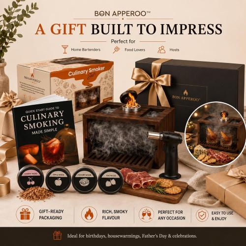 Bon Apperoo™ 2-Glass Culinary Smoker Box with Torch - Portable Cold Food and Cocktail Infuser - Indoor Whiskey and Bourbon Smoking Kit - Ideal for Drinks and Charcuterie - Butane Not Included