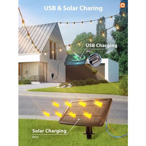 addlon Size  104FT(98FT 6) Solar String Lights Outdoor Waterproof with USB Port & Remote Control Solar Patio Lights for Outside Solar Powered with 34 LED Dimmable Bulbs for Porch Garden Deck Halloween