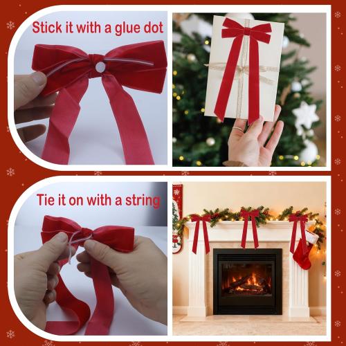 15Pcs Red Velvet Ribbon Bows for Christmas Tree 5in x 10in x 1in Vintage Rustic Velvet Bows Xmas Ornaments for Christmastree Wreath Garland Party Decor (Red)