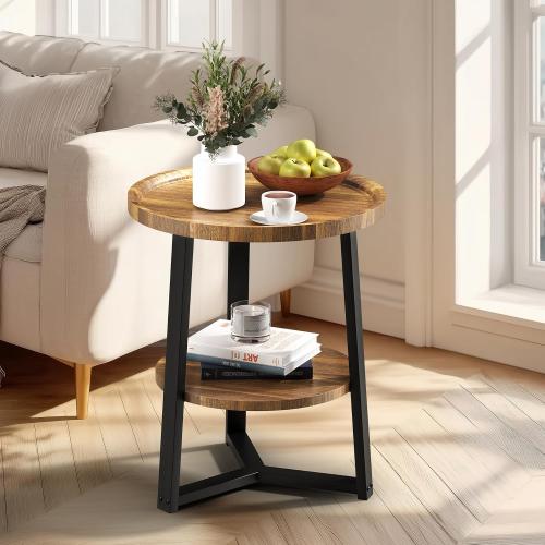 BLACK AND WOODEN COLORED PPAMAPIC Round End Table, 2 Tier Side Table with Storage Shelf, Nightstand Accent Table for Living Room Bedroom Small Space, Black Metal Frame, 19.7 D x 23.6 H, Rustic Brown