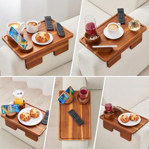 GEHE Real Acacia Wood Couch Armrest Table, 15.4x9.8 Couch Arm Tray Table, 3 in 1 Removable Sofa Cup Holder wtih 360° Rotated Phone Holder, Clip on Armrest Tray for Drinks, Snacks, Phone, Control