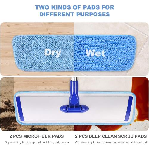 18 Professional Microfiber Mop Floor Cleaning System, Flat Mop with Stainless Steel Handle, 4 Reusable Washable Mop Pads, Wet and Dust Mopping for Hardwood, Vinyl, Laminate, Tile Cleaning