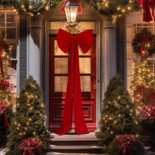 Extra Large Christmas Front Door Bow Decorations 27 x 78 Inch Giant Velvet Christmas Tree Topper Bow with Long Streamers Wreath Wall Decor for Home Xmas Room Holiday Porch(Red)