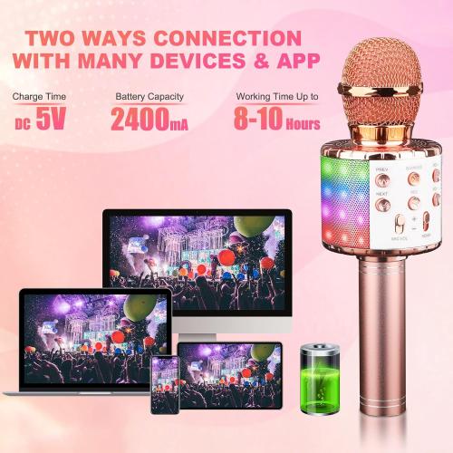 BlueFire 4 in 1 Karaoke Wireless Microphone with LED Lights, Portable Microphone for Kids, Great Gifts Toys for Kids, Girls, Boys and Adults (Pink) (no test)