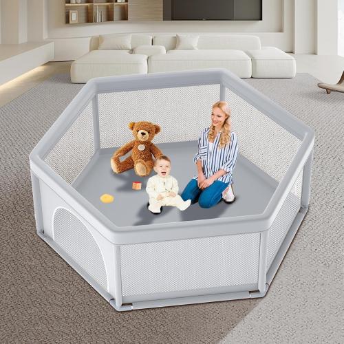 55x55 Inch Hexagonal Baby Playpen, Playpen for Babies and Toddlers, Baby Play Pen Design with External Zipper Gate, Baby Play Yard with Non-Slip Suction Cups on The Bottom, Baby Fence