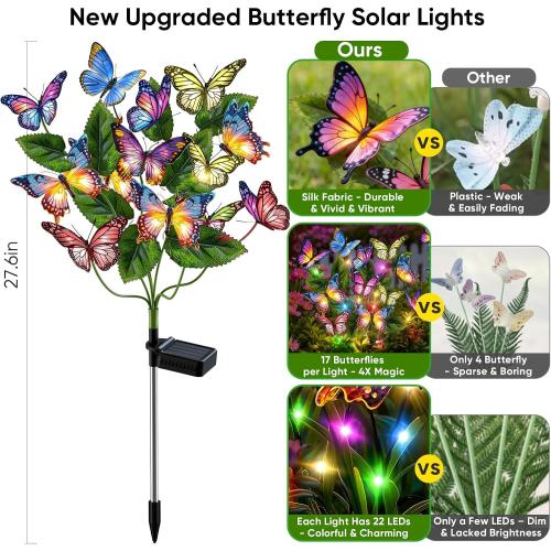Solar Lights Outdoor Garden Decor: 2 Pack Colorful LEDs Butterfly Lights | 34 Silk Butterflies, 44 Colorful LEDs, IP65 Waterproof, 12H Magical Lighting, Yard Pathway Decorations, Unique Gifts for Mom