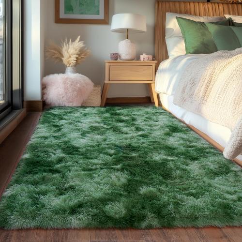 Tie-Dyed Green Fluffy Rug for Bedroom 5x7 ft - Ultra Soft & Non Slip Shaggy Area Rug, Comfy Durable Carpet for Living Room Kids Room Teens Dorm Home Decor, 1.7'' Thick Indoor Plush Carpets