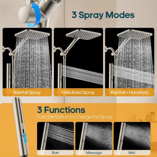 Shower Heads with Handheld Spray Combo Brushed Nickel, 10 Inch High Pressure Rain/Rainfall Shower Head, Height Adjustable Dual 2 in 1 Shower Head System with Stainless Steel Hose