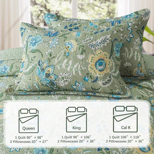 TWINRUN King Size Cotton Quilt Set | Vintage Sage Green/Dusty Blue Bedspread with Botanica (98x106 Inch   2 Pillowcases) | Lightweight Farmhouse Bedding for Coastal & Boho Bedrooms for All Seasons