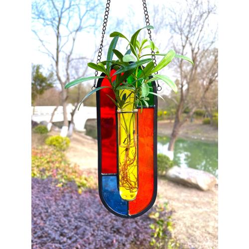 LITMIND Hanging Planter Terrarium with Vibrant Stained Glass Suncatcher Elements, Hydroponic Mini Plants Propagation Station - Perfect for Home & Garden Decor, Includes 2 Glass Propagation Tube