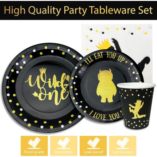 Set of 96 Wild One Birthday Decorations | 96 Pieces - 4-in-1 Wild One Party Supplies | First Birthdays Plates | Wild One Napkins| Disposable Cups/Glasses |First Birthday Decorations | Wild one Table Cloth