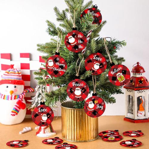 36 Pieces Black Santa African American Christmas Tree Wood Ornaments - Farmhouse Round Hanging Wishes Crafts - Buffalo Plaid Ornament for Holiday Party Wedding