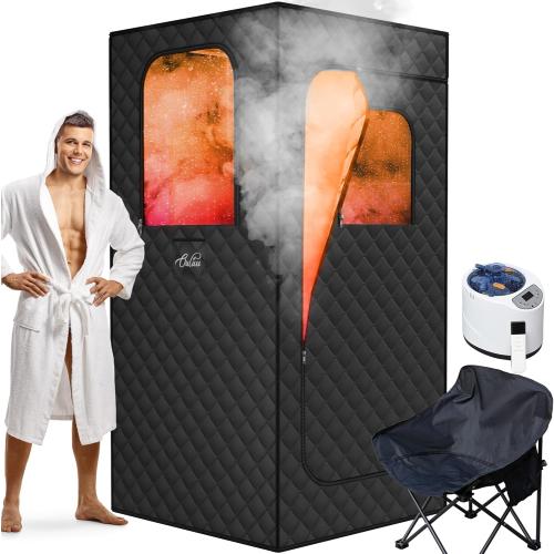 Large Portable Sauna Box, 3L Steamer Portable Steam Sauna for Home, Personal Sauna with Big Sauna Chair, Remote Control, 3.2’ x 3.2’ x 6.0’, Black, 1200W