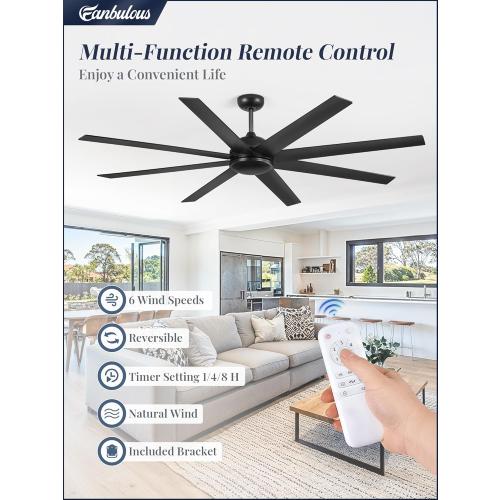 72 Inch Ceiling Fan no Light, Black Ceiling Fan with Remote, 6-Speeds, Quiet Reversible DC Motor, Industrial Ceiling Fans without Lights for Living Room, Garage, Patio, Indoor/Outdoor Use