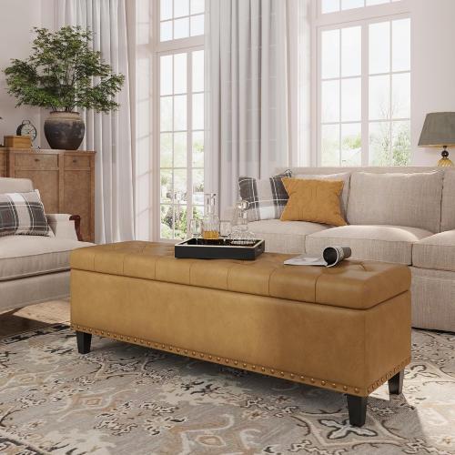 Size 51 Color brown Storage Ottoman Bench,51-Inch Large Storage Bench for Bedroom End of Bed, 30 Gallons Faux Leather Ottoman with Storage for Bedroom, Living Room, Entryway, Hallway,Camel