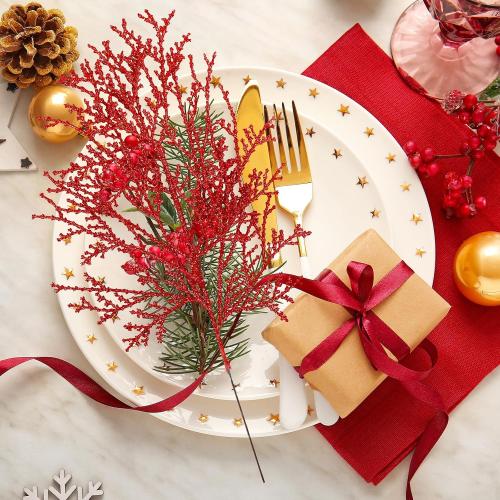 Winlyn 15 Pcs Red Glittered Cedar Sprays Christmas Floral Picks Artificial Cedar Branches Stems Red Christmas Tree Picks 15.4 Tall for Wedding Bouquet Wreath Floral Arrangement Seasonal Centerpiece