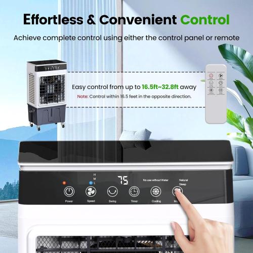 WHITE Swamp Cooler Air Conditioner with Dry Burn Protection, 4000 CFM Evaporative Air Cooler with 8-Gal Water Tank, 4 Modes, 3 Speeds, Remote, 12H Timer, Portable Windowless AC for Bedroom Home Office
