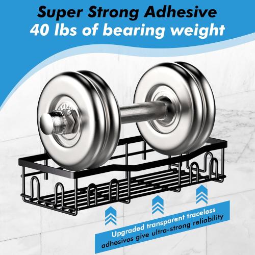 Black Shower Caddy – Rustproof Stainless Steel Bathroom Organizer Shelf with Hooks & Adhesive Mount – No-Drill, Waterproof, Wall-Mounted Storage Rack for Shampoo, Conditioner, Soap & More