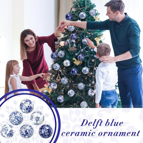 Cindeer 9 Pcs Blue and White Christmas Porcelain Balls 2.4 Inch Porcelain Chinoiserie Ornament Bulk Christmas Ceramic Hanging Decorative for Tree Home Xmas Party (Elegant Style)