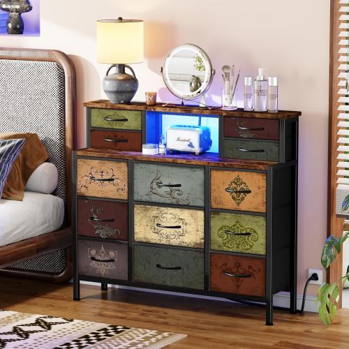 Dresser for Bedroom with 13 Drawers 2 Open Shelves, Fabric Storage Dresser, Chest of Drawers, Pattern Organizer for Closet, Bedside, Living Room, Entryway, Hallway