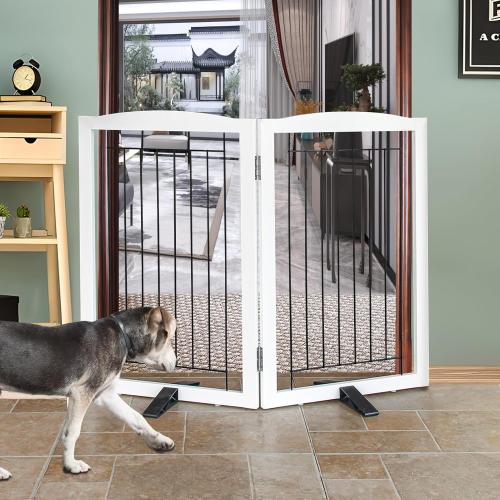 ZJSF Freestanding Dog Fence Indoor, Foldable Dog Gate for Doorways, Stairs or Hallways, Sturdy Wood Extra Wide Pet Gate with Support Feet for The House, White, 32 Height-2 Panels