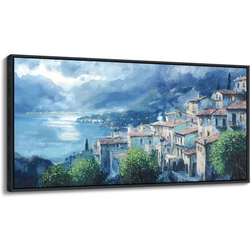 JEAWA Large Framed Canvas Painting - Landscape Wall Decor Ready to Hang, Gray Blue Town Picture, Lights of Thousands homes Art Prints for Bedroom Living Room Home Decoration, 29x58 IN