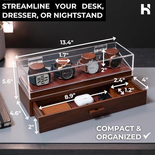 Holme & Hadfield Premium 4-Slot Wooden Watch Display Case – Handcrafted Men’s Watch Box with Accessory Drawer, Hinged Cover, Leather Lining – Christmas Gift for Collectors – Luxury Built to Last