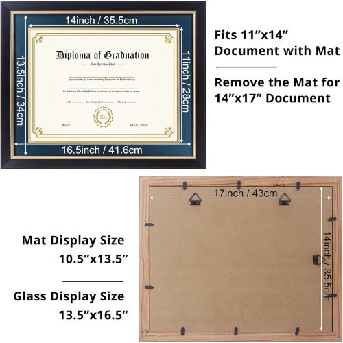 11x14 Diploma Frame with Navy over Gold Mat, 14x17 Certificate Frame, Real Wood with Gold Trim, Black Frame with Arcylic