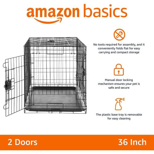 Amazon Basics Portable, Easy to Assemble, Foldable Metal Wire Dog Crate with Removable Tray, Double Door, Divider Panel, Handle, 36 x 23 x 25, Black