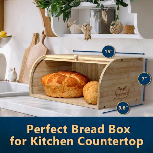 Light brown 15x9.8 Bamboo Bread Box Space Saving Rustic Roll-Top Bread Bin for Countertop - Store Bread Cake and Baked Goods - 15 x 9.8 inches (Sliding door)