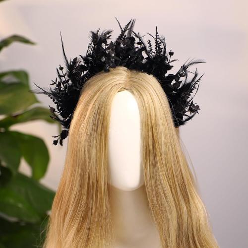 Color  Black Flower Halo Crown - Handmade Gothic Floral Headband with Feather for Women Witch Goth Wedding, Dark Halo Headband for Renaissance Cosplay Photo Shoot