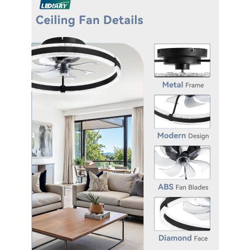 LEDIARY Ceiling Fans with Lights and Remote, 20'' Low Profile Ceiling Fan with Light, 3000-6000K Dimmable Fandelier Ceiling Fans, Modern Flush Mount Fan Light for Bedroom with 6 Wind Speeds- Black