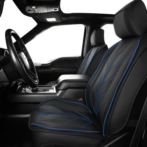 Color Black and Blue Truck Seat Covers Compatible with Ford F-150 2009-2025 XL XLT Lariat King Ranch Platinum Tremor Pickup Faux Leather Cushion Protector Fit Ford F150 Crew Cab(Black Blue, Full Set)