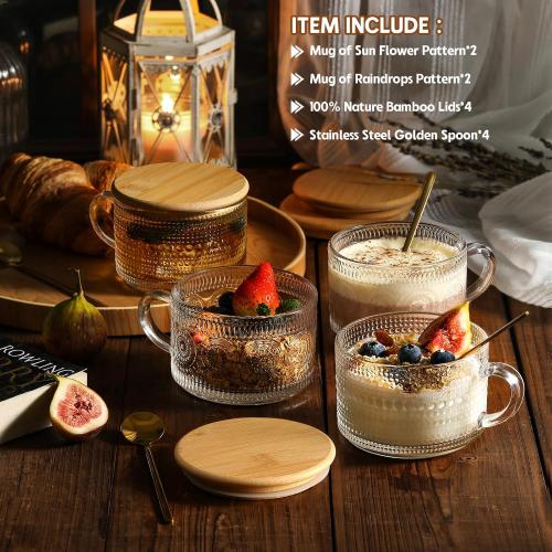4pcs Set Vintage Coffee Mugs gifts for women, Overnight Oats Containers with Bamboo Lids ( No Spoons ) - 14oz Clear Embossed Glass Cups, Cute Coffee Bar Accessories, Iced Coffee Glasses