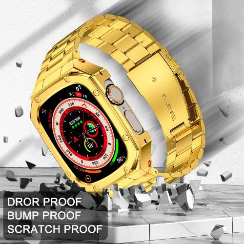 Stainless Steel Watch Band with Case Compatible with Apple Watch Ultra 3 2 1 band (49mm), Rugged Strap with Metal Protective Bumper Cover for iWatch Bands Men (Gold)