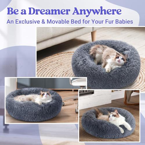Beds for Indoor Cats, 20 inches Cat Bed Machine Washable, Fluffy Round Pet Bed Non-Slip, Calming Soft Plush Donut Cuddler Cushion Self Warming for Small Dogs Kittens, Dark Grey, Medium